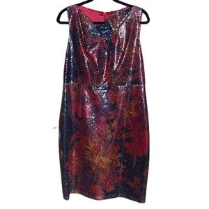 Elie Tahari Lori China Red Multi Sequin Sleeveless Shift Cocktail Dress Sz 14
